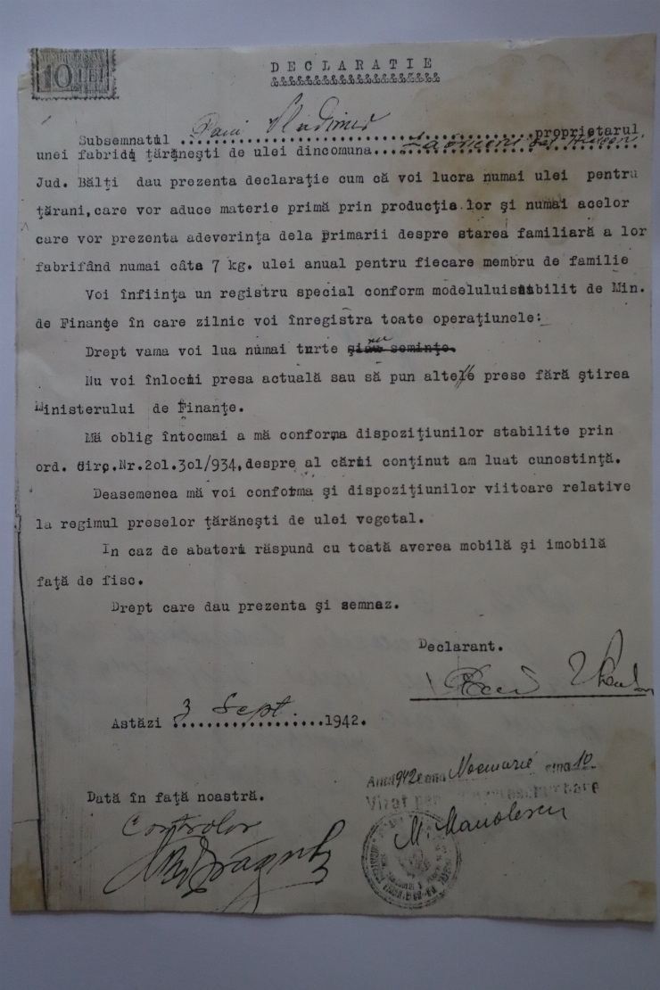 Declarație a proprietarului oloiniței Paiu Vladimir din comuna Zăbriceni