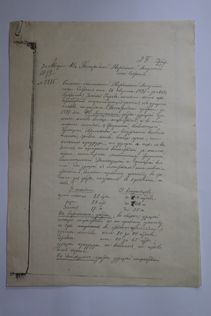 Raport cu privire la recolta din volostea Edineț, Briceni, Secureni ș.a.
