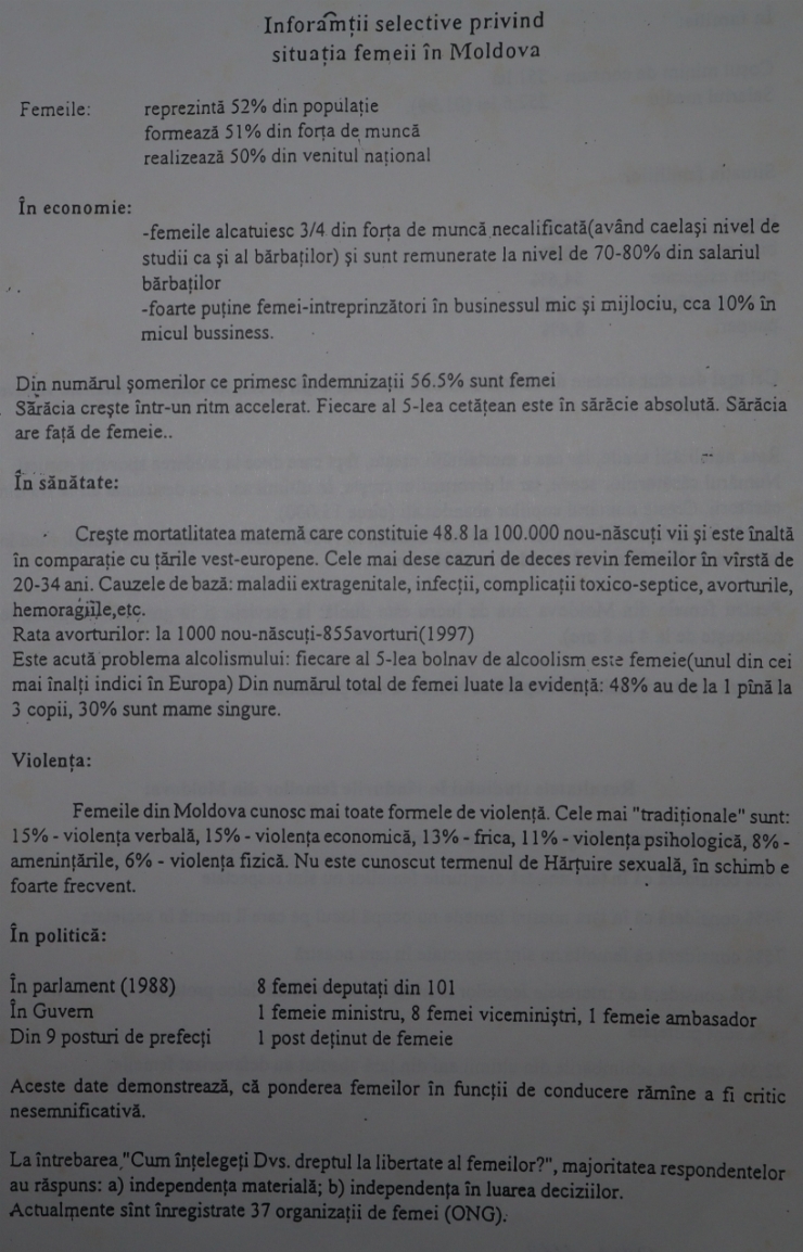 Informație privind situația femeii în Moldova