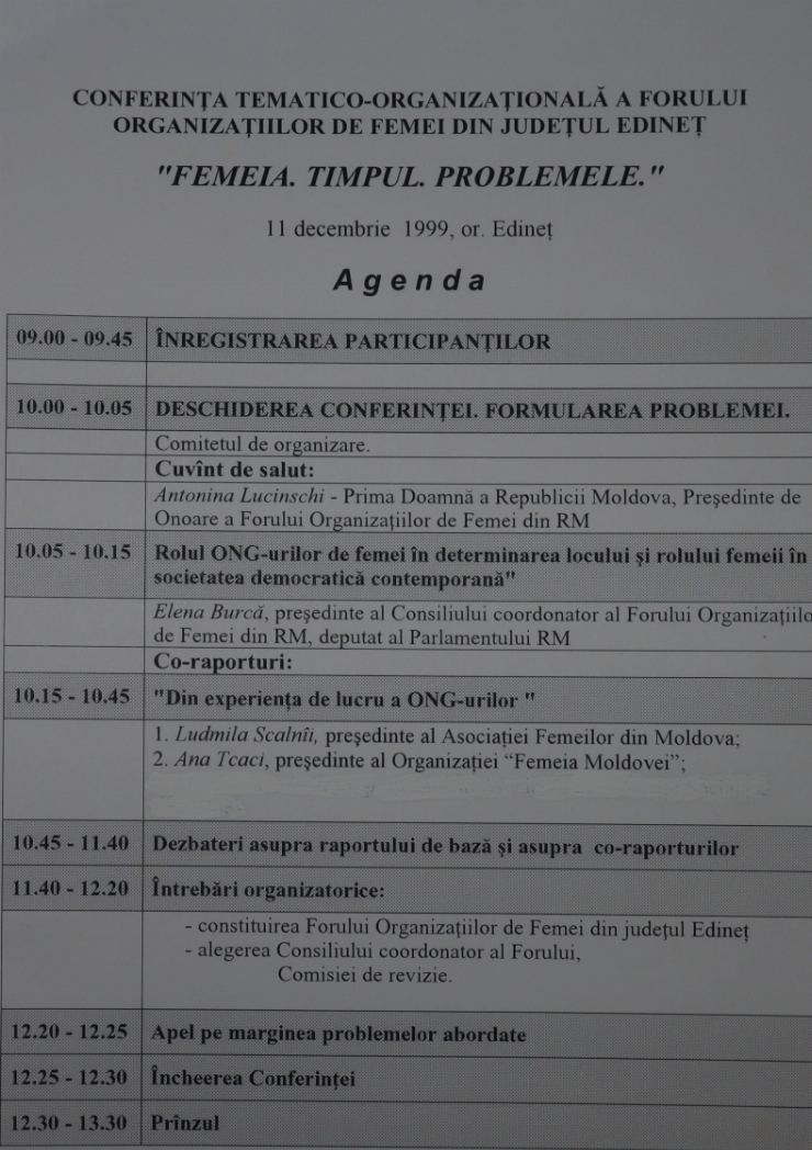 Agendă.Conferința ,,Femeia  .Timpul.Problemele 