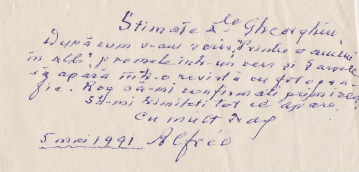 Notiță pentru Gheorghe Gheorghiu de la Alfred Basarab-Tibereanu