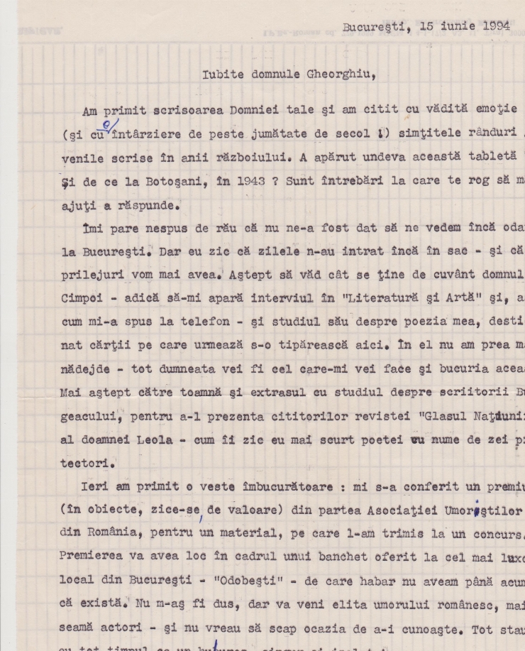 Opt scrisori adresate lui Gheorghe Gheorghiu de către Andrei Ciurunga