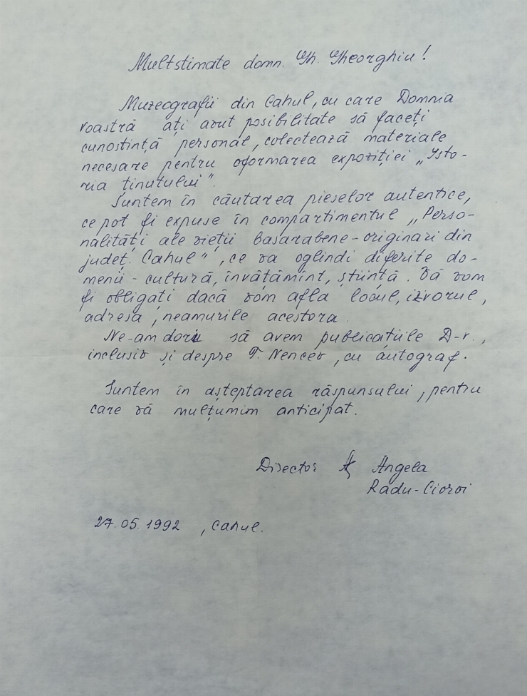 Scrisoare adresată lui Gheorghe Gheorghiu de către Angela Radu-Cioroi