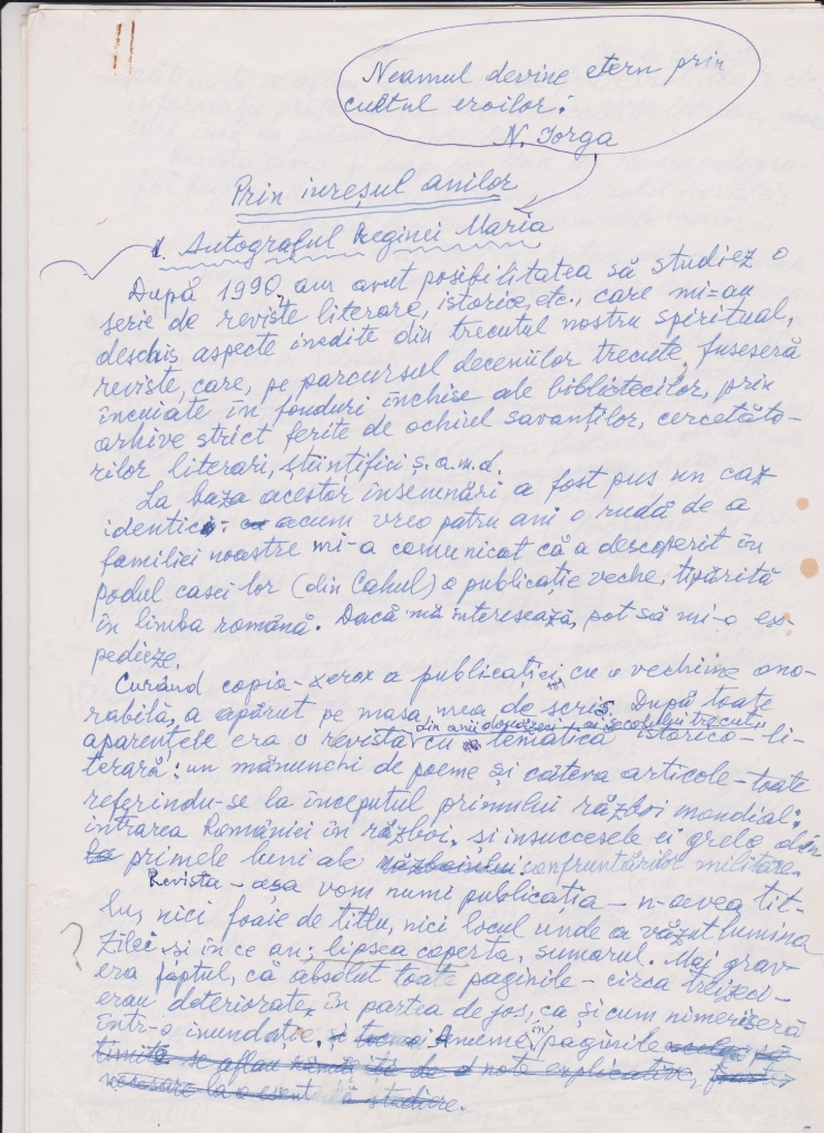 „Prin iureșul anilor” : Autograful Reginei Maria