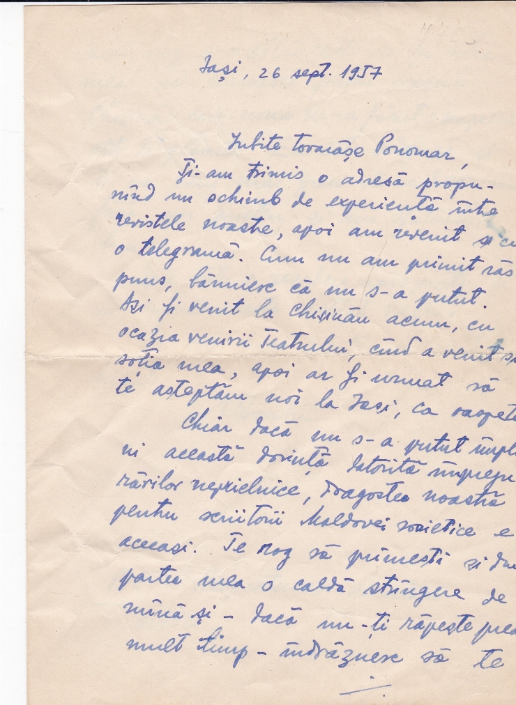 Scrisoare din 26 septembrie 1957 adresată lui Ponomari Fiodor de la Nicolae Barbu