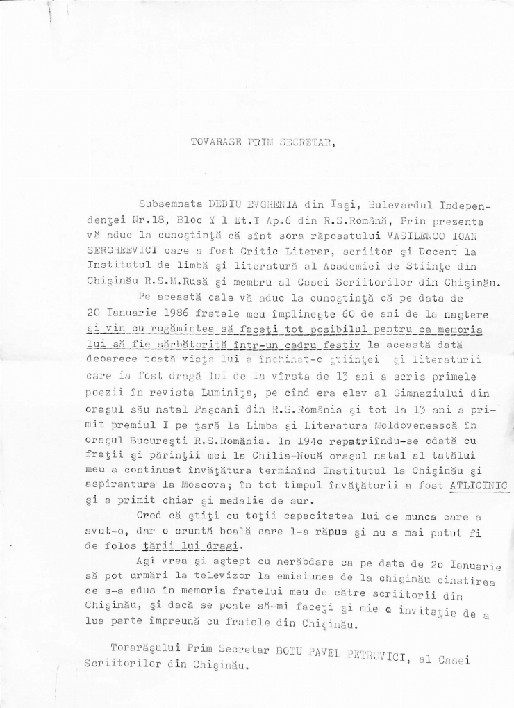 Scrisoare adresată lui Pavel Boțu de la Dediu Evghenia