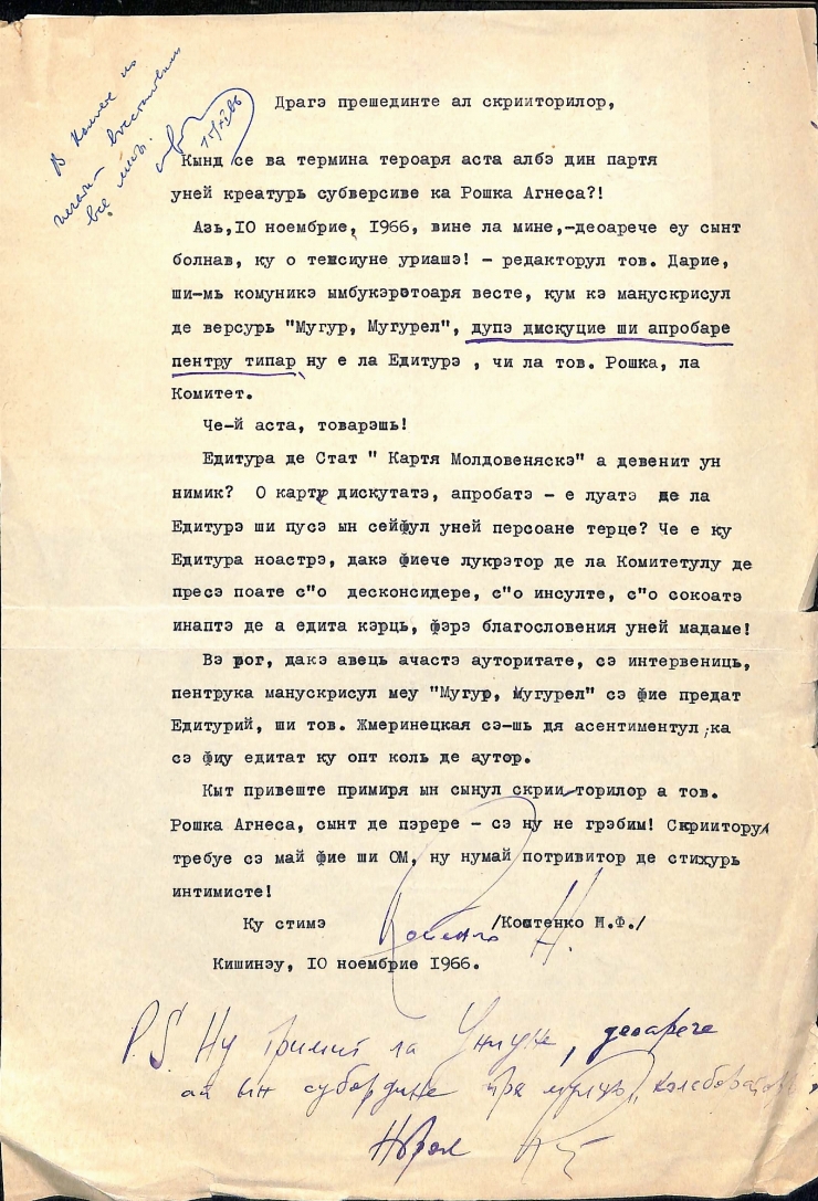 Scrisoare adresată lui Pavel Boțu de la Nicolae Costenco
