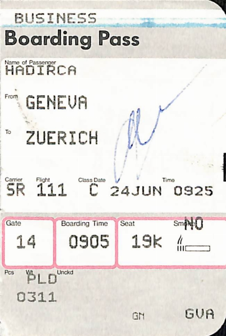  Bilet de călătorie: Bussiness. Boarding Pass. Geneva - Zuerich