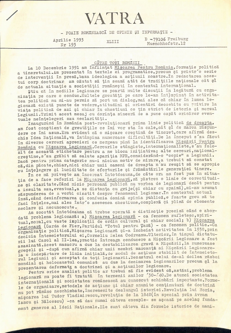 Vatra. Foaie românească de opinie și informație.  Anul XLIII, nr. 193, aprilie 1993