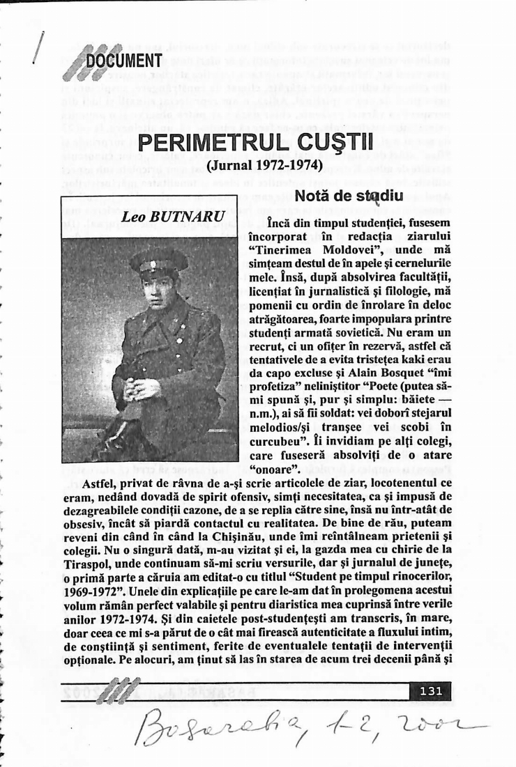 Perimetrul cuștii (Jurnal 1972-1974) Notă de studiu.