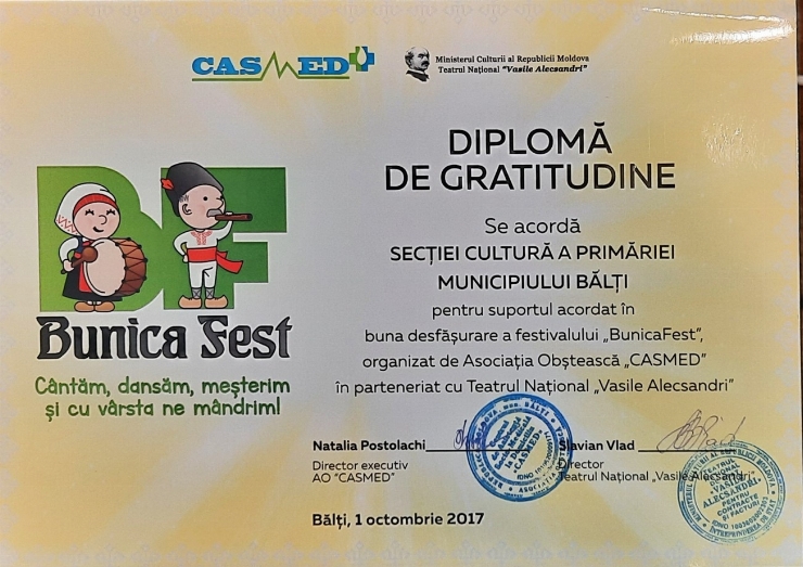 Diplomă Conferită Secției Cultură a primăriei mun.Bălți pentru buna desfășurare a festivalului „B...