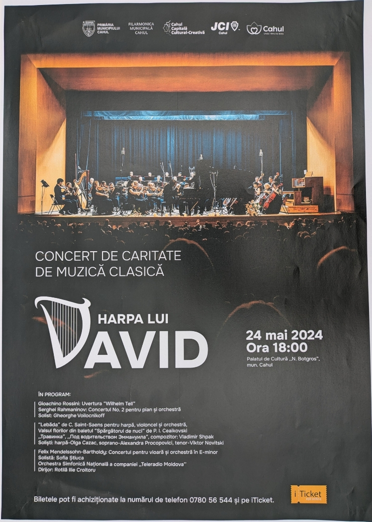 Afiș al Concertului de Caritate de Muzică Clasică Denumire populară, tezaur: „Harpa lui David”.   