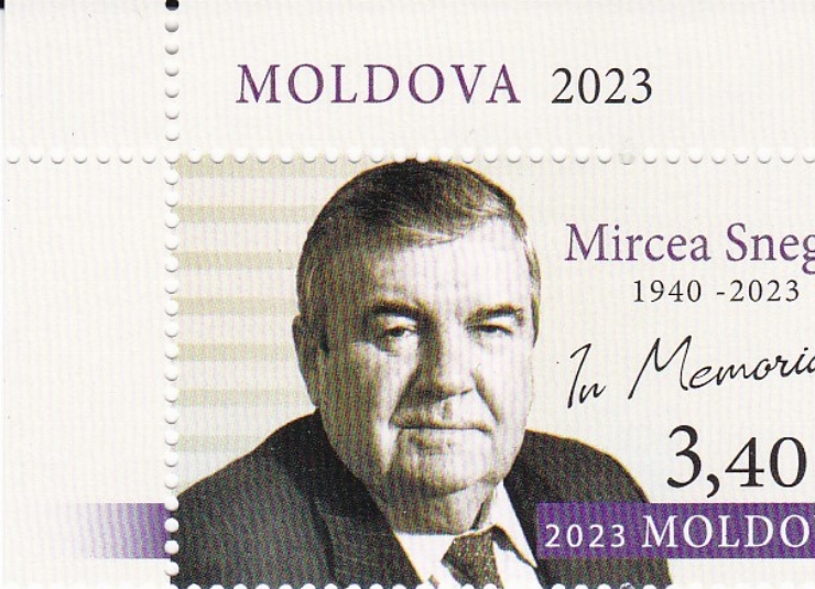 Timbru poștal cu valoare nominală de 3 lei + 40 bani. Mircea Snegur 1940-2023 : In Memoriam 