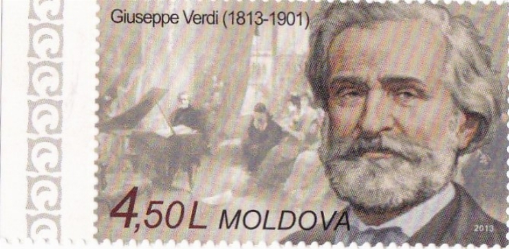 Timbru poștal cu valoare nominală de 4 lei + 50 bani. Giuseppe Verdi (1813-1901) 