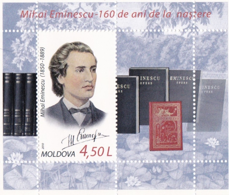 Timbru poștal cu valoare nominală de 4 lei + 50 bani. Mihai Eminescu (1850-1889)