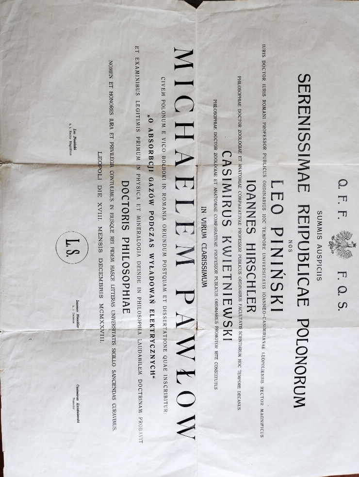 Diplomă de absolvire a lui Pavlov Mihail Alexandru la Institutului Politehnic din Lvov